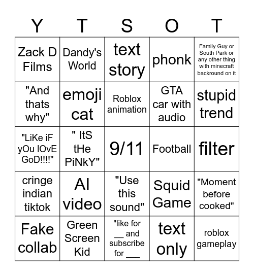 Youtube Shorts Bingo Card