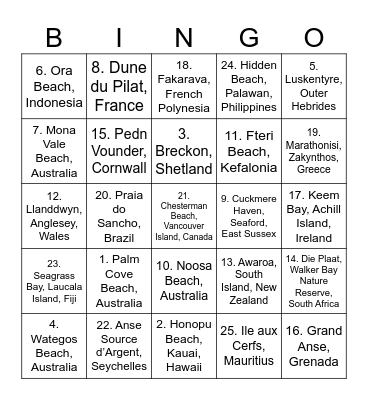 World's Best Beaches Bingo Card