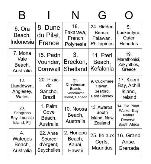 World's Best Beaches Bingo Card