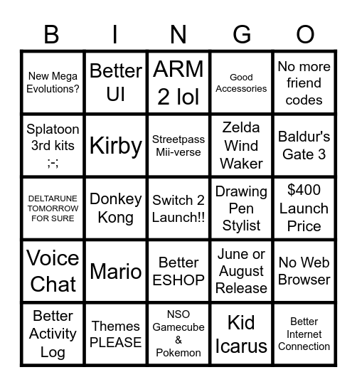 Switch 2 Bingo Card