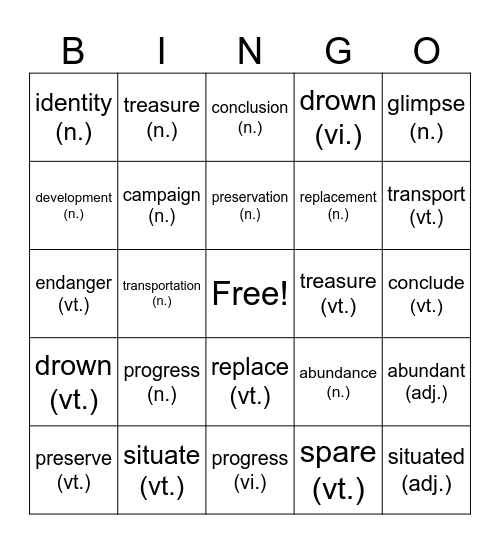 Unit 7 Vocabulary Bingo Card