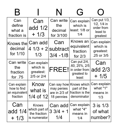 Fractions Bingo Card