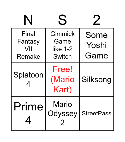 Nintendo Switch 2 Launch Window Titles Bingo Card