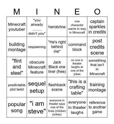 Minecraft movie bingo Card
