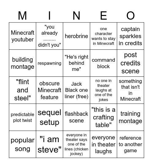 Minecraft movie bingo Card