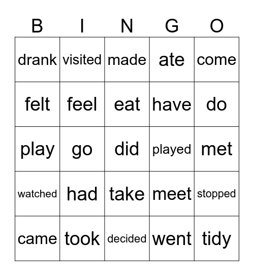 Past Simple verbs English Class A1 unit 6 Bingo Card