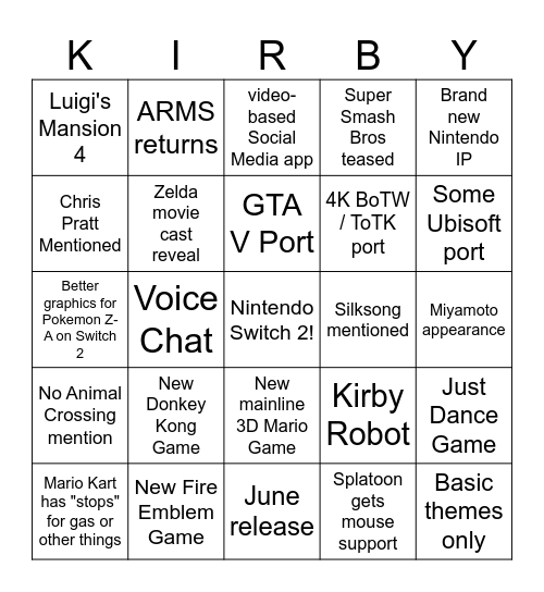 Switch 2 Bingo Card Bingo Card