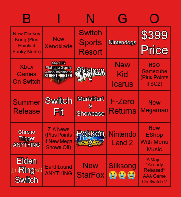 Nintendo Switch 2 Direct Bingo Card