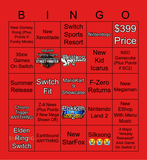 Nintendo Switch 2 Direct Bingo Card