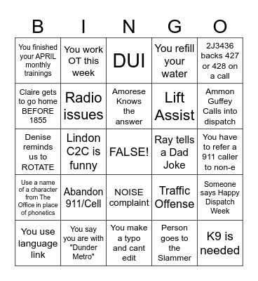 DUNDER METRO Bingo Card