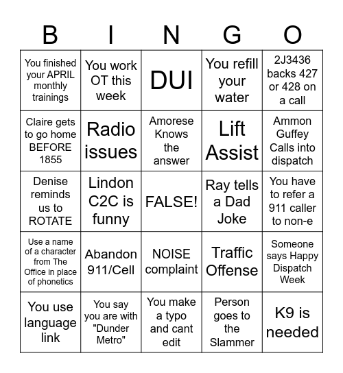 DUNDER METRO Bingo Card