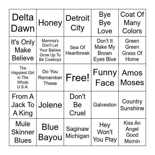 1949 – 1979 Country Songs Bingo Card