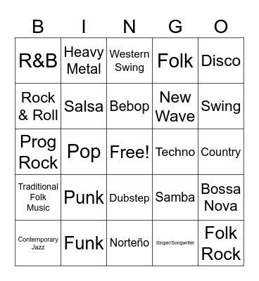 Popular Music Bingo Card