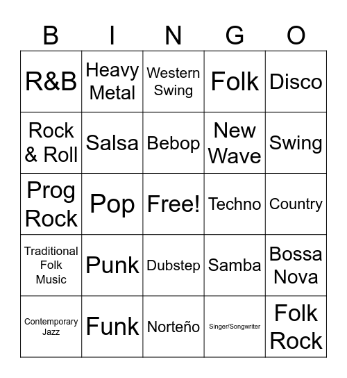 Popular Music Bingo Card