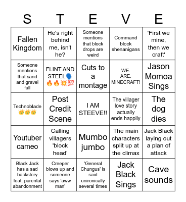 Minecraft Movie Bingo Card