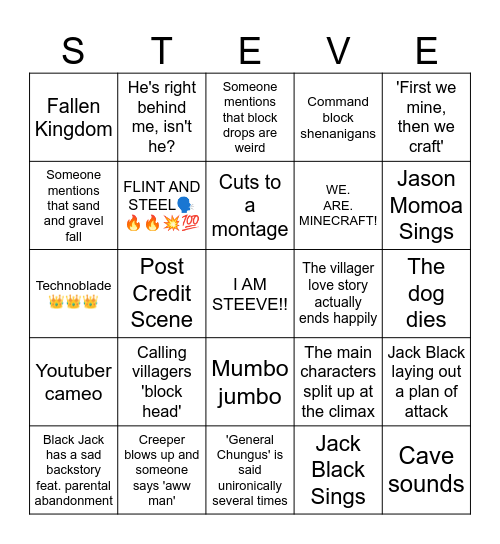 Minecraft Movie Bingo Card