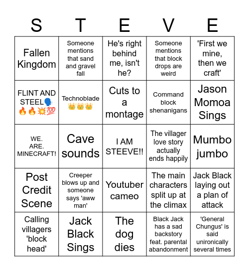 Minecraft Movie Bingo Card