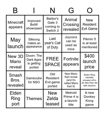 Switch 2 Bingo Card