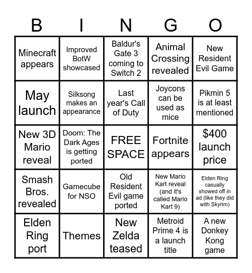 Switch 2 Bingo Card
