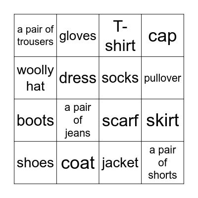 Clothes Bingo Card