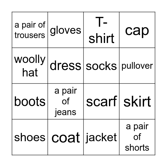 Clothes Bingo Card