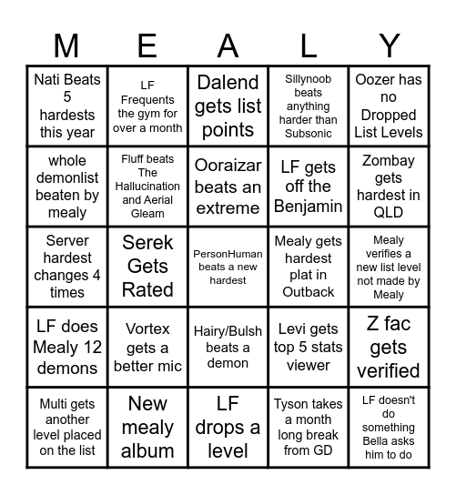 Mealy Bingo 2025 Bingo Card
