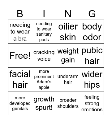 Puberty Bingo Card