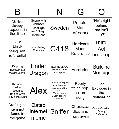 A Minecraft Movie Blind Watch Bingo Card