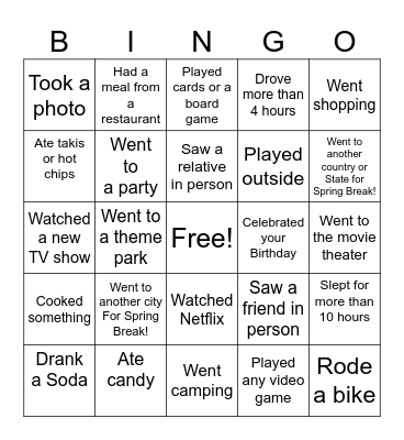 Return from Spring Break Bingo Card