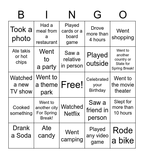 Return from Spring Break Bingo Card