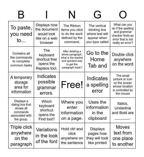Gangler MS Word Essentials Bingo Card