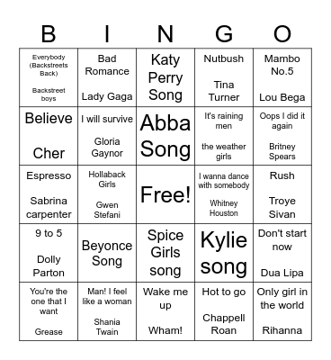 Musical Bingo Card