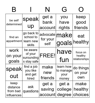 How To Become More Independent. Bingo Card
