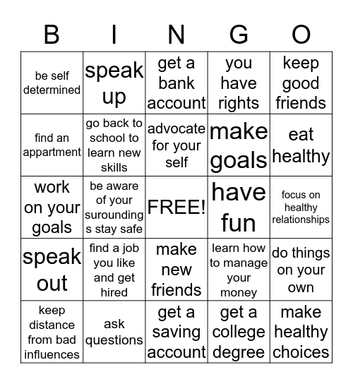 How To Become More Independent. Bingo Card