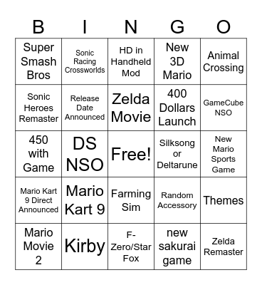 Nintendo Direct Switch 2 Bingo Card