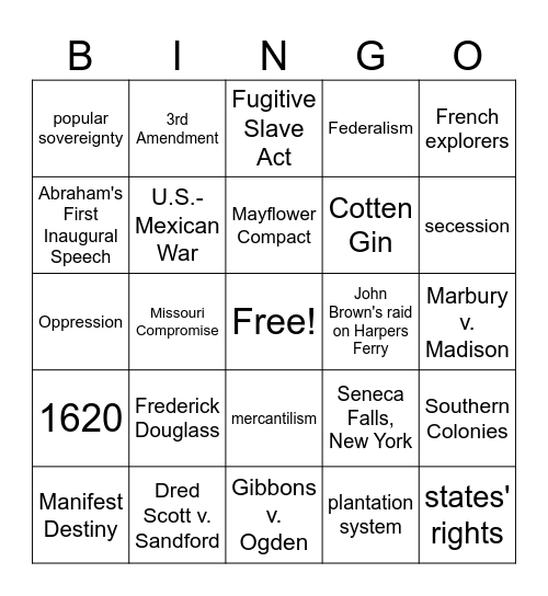 Westward Expansion-Civil War Bingo Card