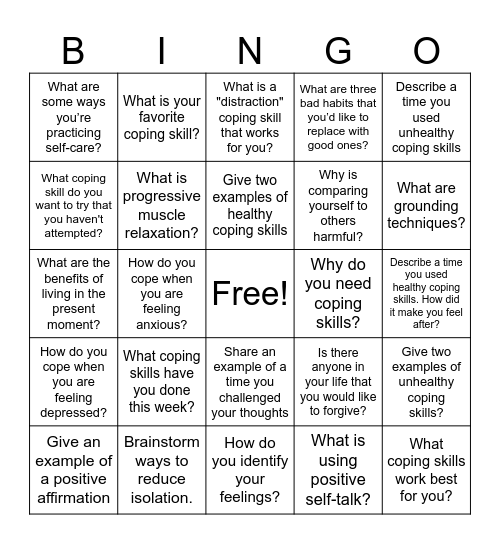 Coping Skills Bingo Card