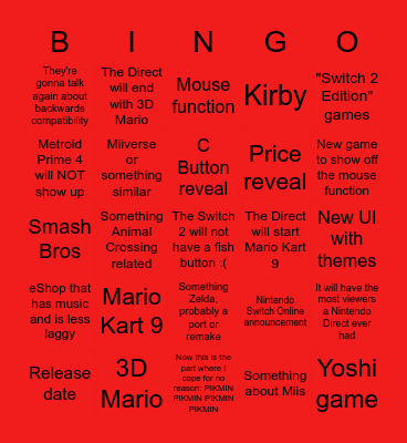 Nintendo Switch 2 Direct Bingo Card