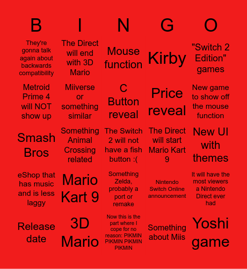 Nintendo Switch 2 Direct Bingo Card