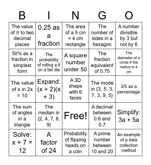 Year 8 SEAL Maths Bingo! Bingo Card