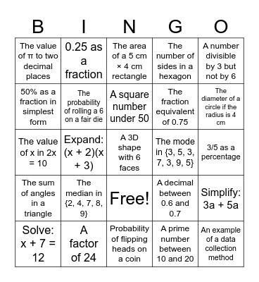 Year 8 SEAL Maths Bingo! Bingo Card