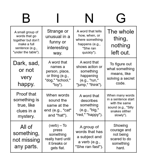 Stage 4 vocabulary Bingo Card