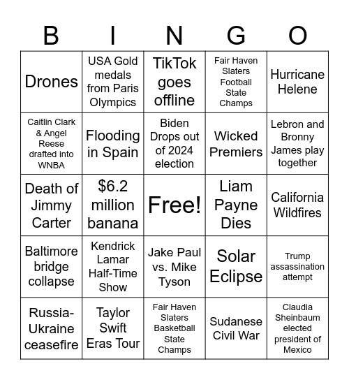2024 - 2025 Bingo Card