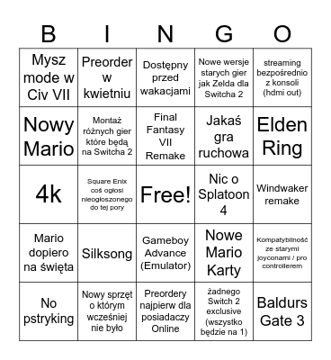 Switch 2 Bingo Card