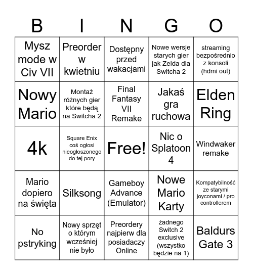 Switch 2 Bingo Card