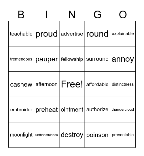 C Units 1-5 Bingo Card