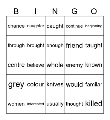 Fourth Class Spelling Bingo Card