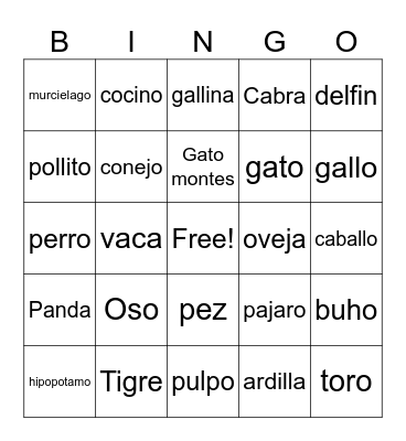 Spanish Animals Bingo Card
