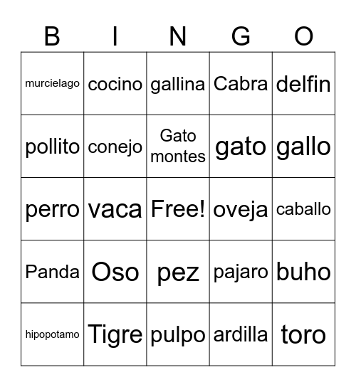 Spanish Animals Bingo Card