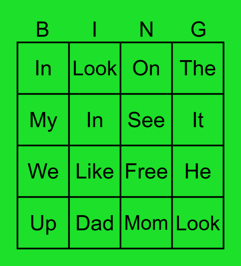 Sight Words Bingo Card